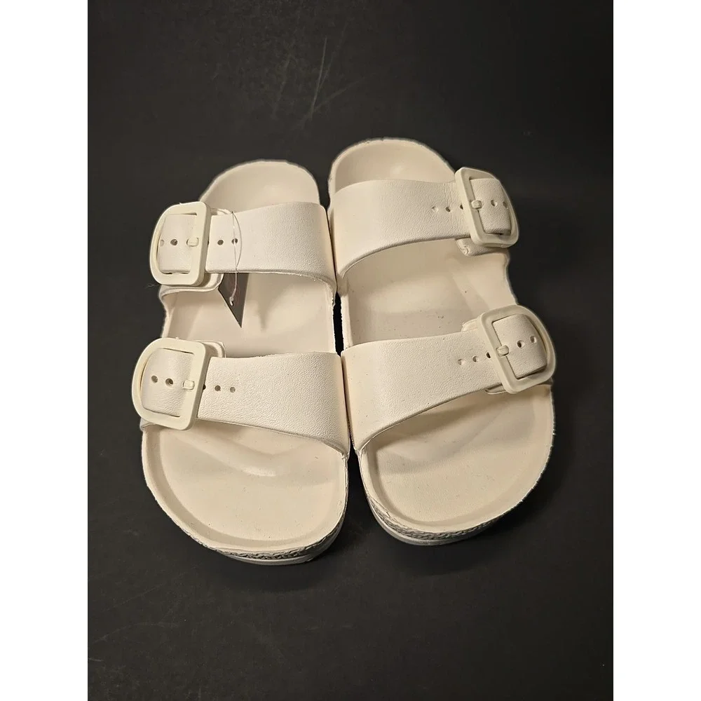 No Boundaries Sandals Women's Sz 8 White Double Buckle Comfort Slip-on Slide New